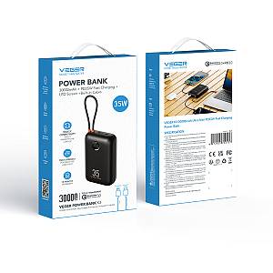 Veger K3 - 30,000mAh 35W PD Digital Display Powerbank With Built In Non-MFI Lightning & USB-C Cable - Black