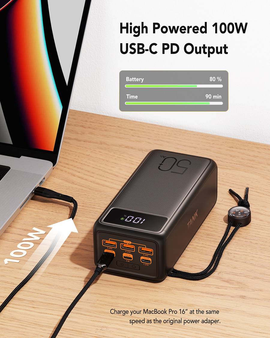 Veger W5001C Tank Boost Power Bank 56000mAh 100W with 3 USB-A Ports and 2 USB-C Ports Power Delivery Black