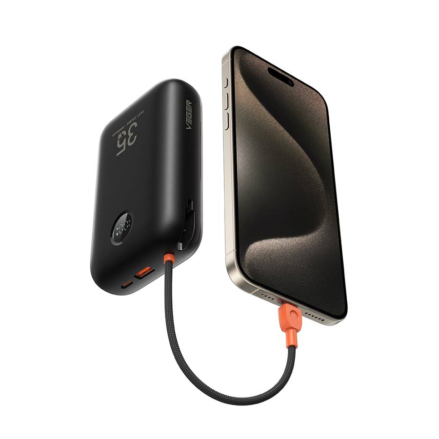 Veger K3 - 30,000mAh 35W PD Digital Display Powerbank With Built In Non-MFI Lightning & USB-C Cable - Black
