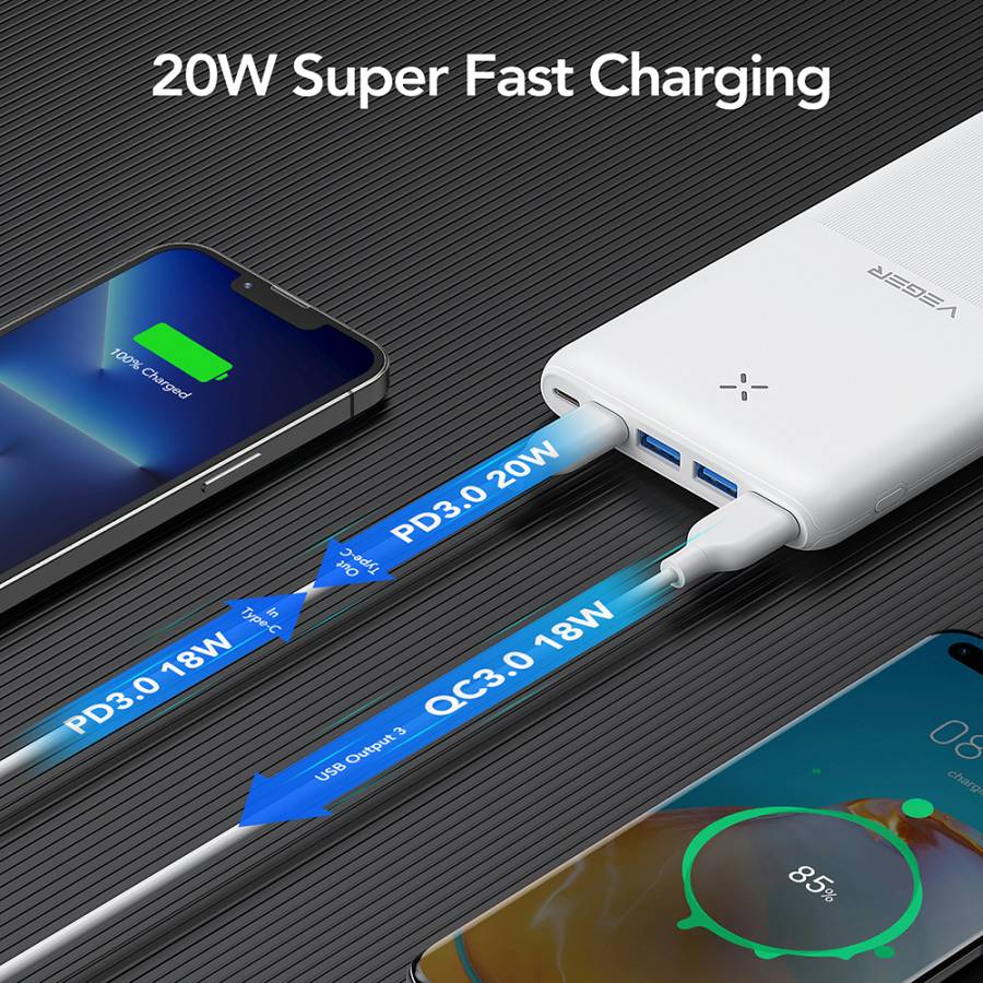 Veger S22 Power Bank 20000mAh 20W με 3 Θύρες USB-A και Θύρα USB-C Power Delivery / Quick Charge 3.0 Λευκό