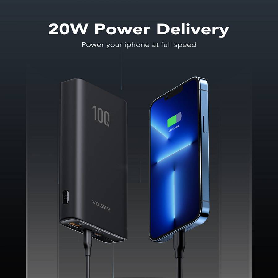 Veger T100 Power Bank 20000mAh 100W με Θύρα USB-A και 2 Θύρες USB-C Power Delivery Μαύρο