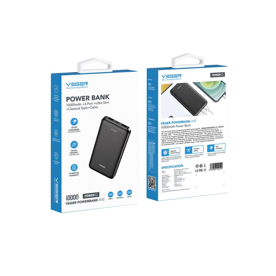 Veger L30 Power Bank 30000mAh 20W με 3 Θύρες USB-A και Θύρα USB-C Μαύρο