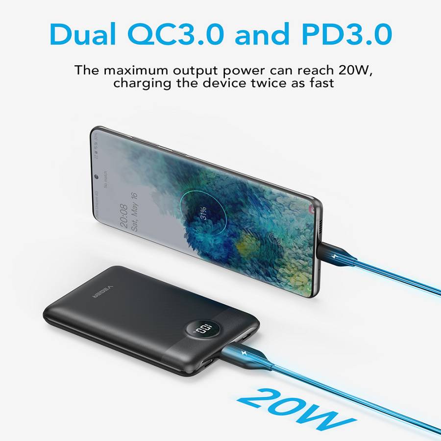 Veger S11 Power Bank 10000mAh 20W με Θύρα USB-A και Θύρα USB-C Quick Charge 3.0 / Power Delivery Μαύρο