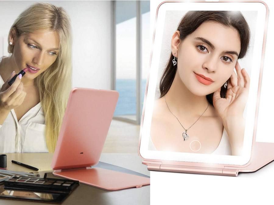 Led φωτιζόμενος καθρέφτης μακιγιάζ - πτυσσόμενος καθρέφτης ταξιδιού. Διαγώνιος: 19cm
